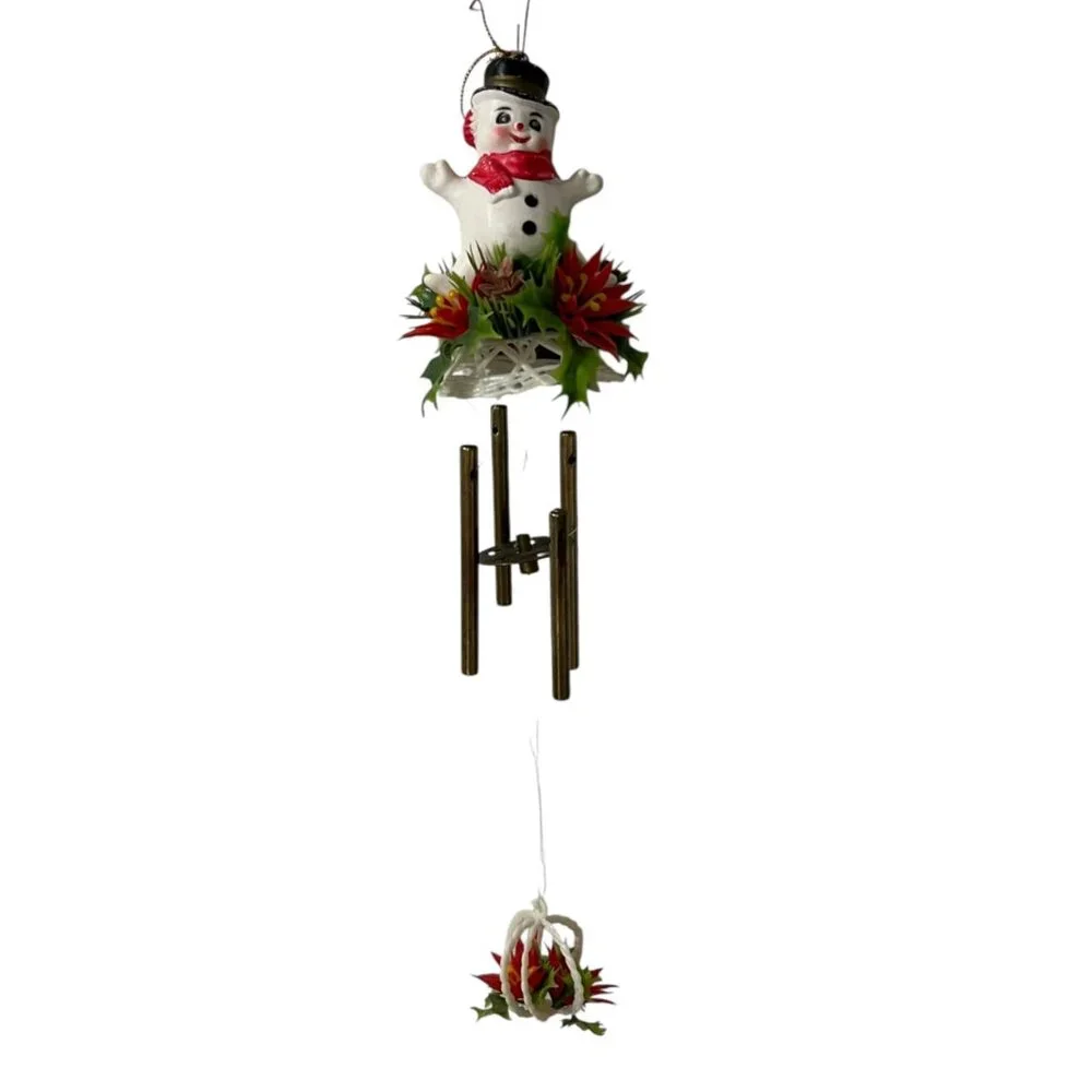 Vintage Plastic Snowman Wind Chime With Red Poinsettia & Bell Hanging Decoration